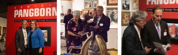 Dominic and the museum's director Amy Reimann; guests consult the collection's catalog amid some of the artist's furniture designs; PW founder and CEO Albert Scaglione and Dominic discuss the exhibit.