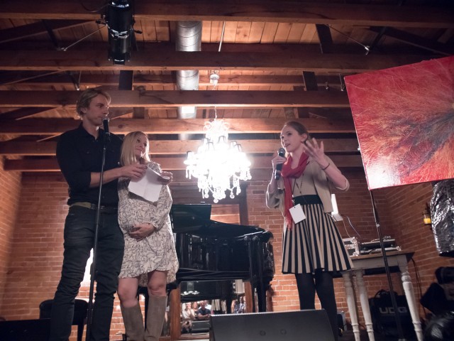 Autumn de Forest Presenting "Universe of Love" to Kristen Bell and Dax Shepard during the This Party Saves Lives Event.