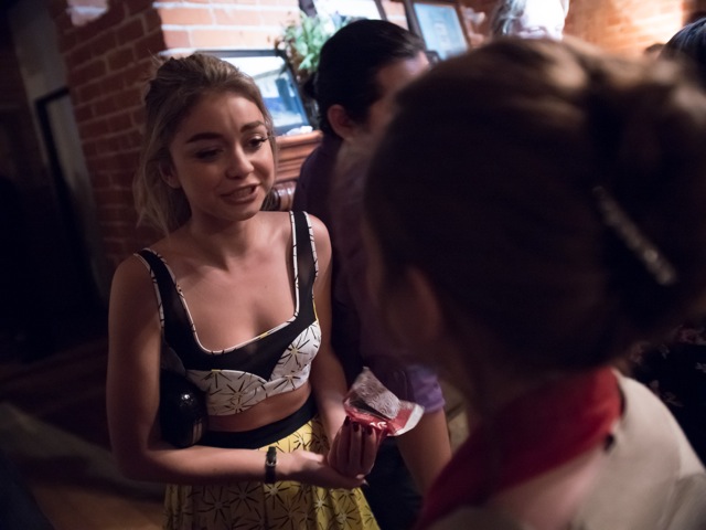 Autumn de Forest visits with actress Sarah Hyland at the This Party Saves Lives event.