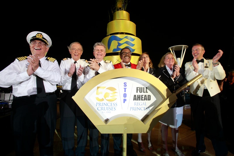 The original cast of “The Love Boat” (right to left: Captain Ed Perrin, Cynthia Lauren Tewes, Jill Whelan, Ted Lange, Fred Grandy, Bernie Kopell, and Gavin MacLeod) officially christened the Regal Princess at Port Everglades in Fort Lauderdale, Florida on Wednesday, Nov. 5, for its North American debut and naming ceremony. The ship’s naming ceremony also marked the launch of Princess Cruises’ year-long 50th anniversary celebration. (Photo Carlo Allegri/AP Images for Princess Cruises).