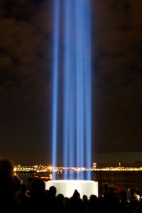 The Imagine Peace Tower being lit to commemorate John Lennon's birthday. Photo credit: McKay Savage