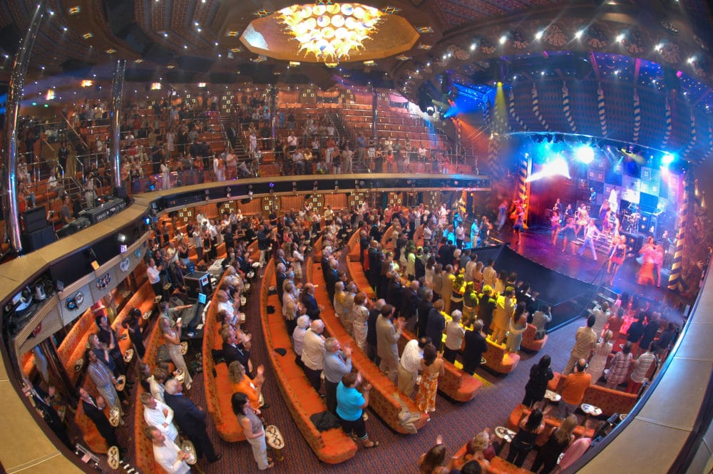 Lavish Las Vegas-style production performances are the norm in the Venetian Palace main show lounge aboard Carnival Liberty. (Photo by Andy Newman/Carnival Cruise Lines)