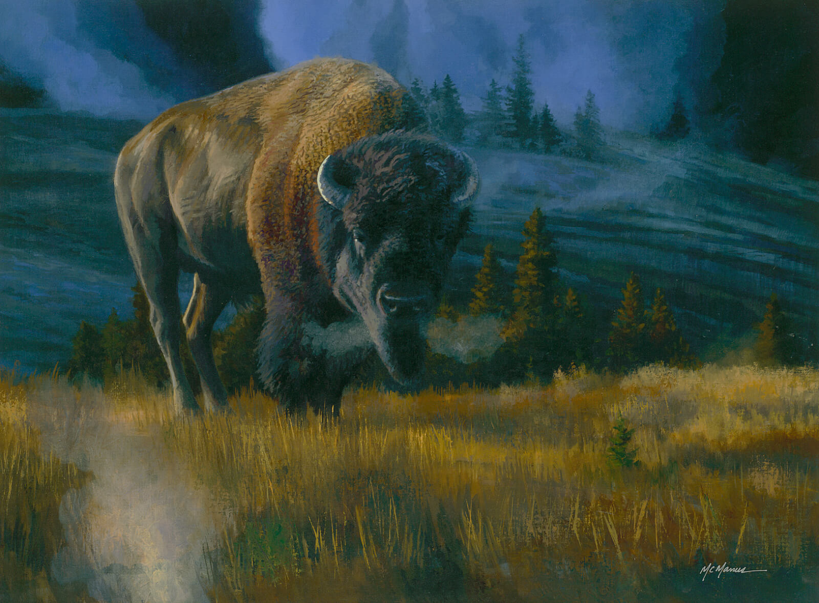 A realistic painting of a bison standing alone in a field looking directly at the viewer