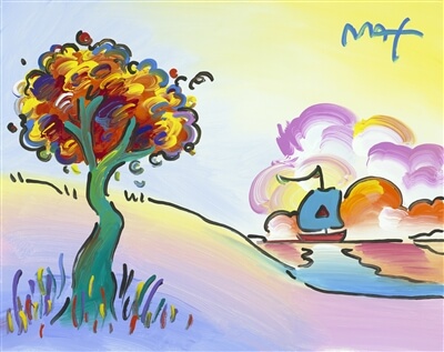 A Peter Max acrylic painting on canvas of a tree and a sailboat in the distance