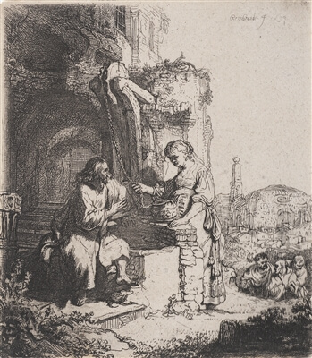 An etching by Rembrandt featuring Jesus talking to the Samarian woman