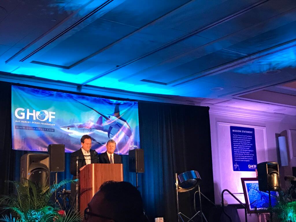 Dr. Guy Harvey speaking at the 9th Annual Guy Harvey Ocean Foundation fundraising banquet at the Hyatt Regency in Fort Lauderdale, Florida 