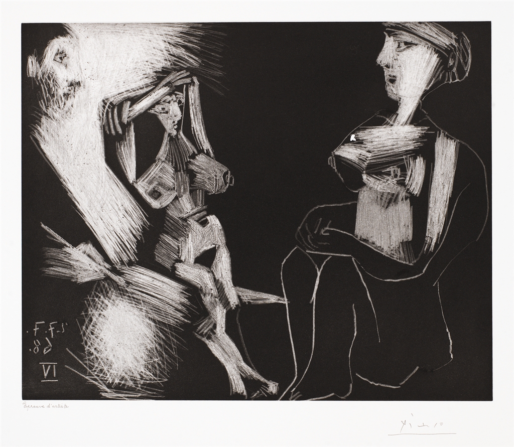 "Homme avec Deux Femmes Nues" (1968). Etching from Pablo Picasso's 347 Series.