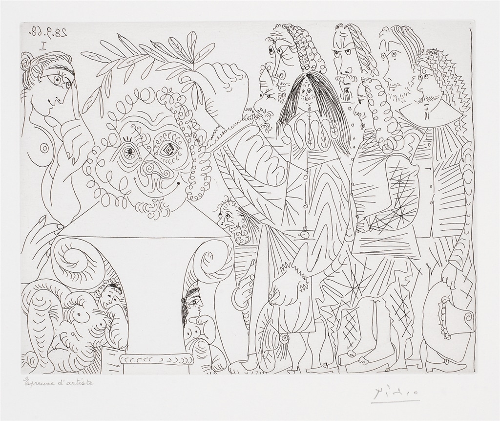 "Le Buste du Peintre Mort est Couronne Par L'Academie: La Veuve Se Moque" (1968). Etching from Pablo Picasso's 347 Series.