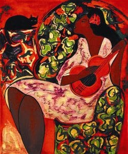 serigraph of a woman playing guitar by linda lekinff