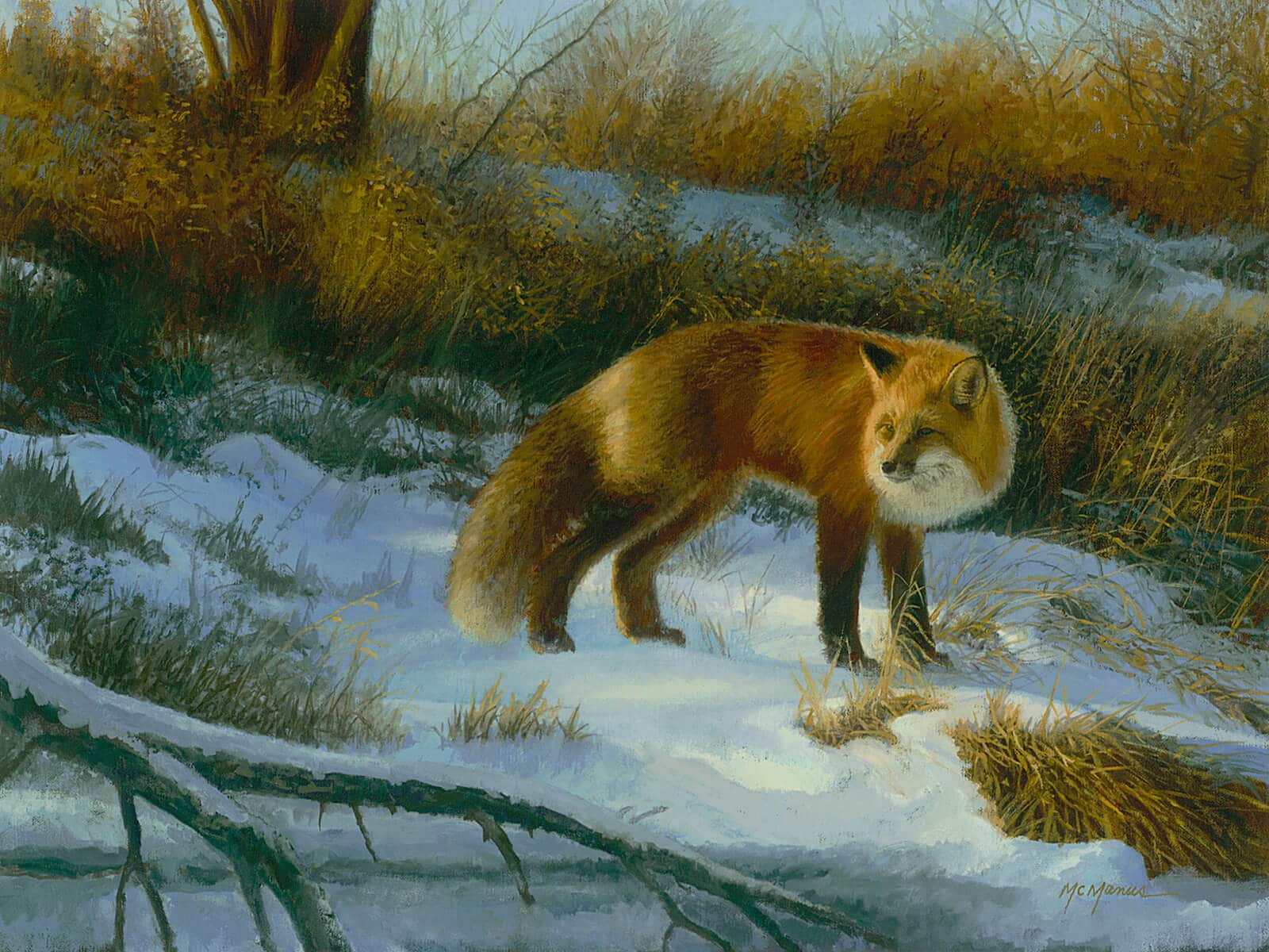 a realistic painting of a fox standing on a snowy hillside looking off into the distance