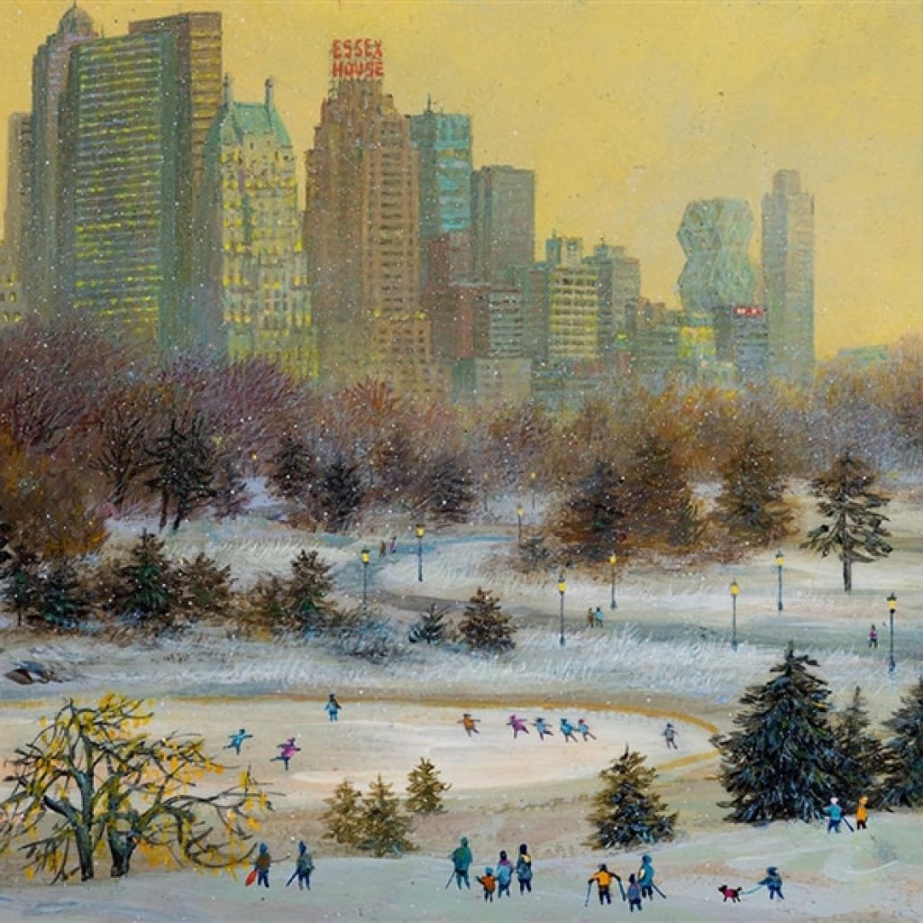 Wide shot of people skating in central park during winter