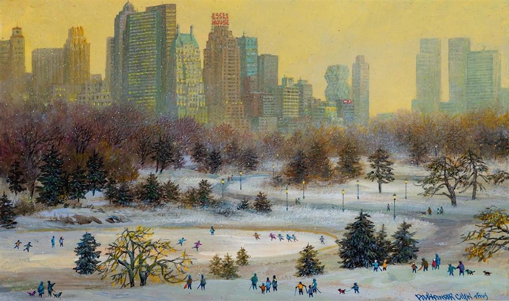 Wide shot of people skating in central park during winter