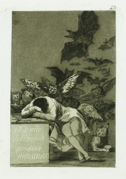 "El sueno de la Razon produce Monstruos" (The sleep of reason produces monsters) (c. 1799). Etching from Francisco Goya's Los Caprichos"series.