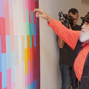 Yaacov Agam giving a tour of YAMA (Photo by Shooka Cohen)