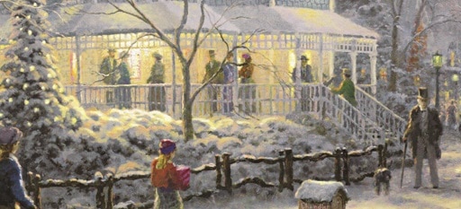 Detail from “A Holiday Gathering” of the guests gathering on a Victorian home’s porch. They are said to include Rembrandt van Rijn, Vincent van Gogh, and Pablo Picasso.