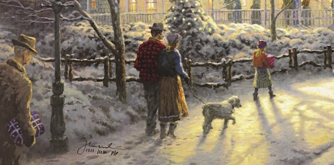 Detail from “A Holiday Gathering” showing Norman Rockwell, Thomas Kinkade, Nanette Kinkade, and their dog, Toby