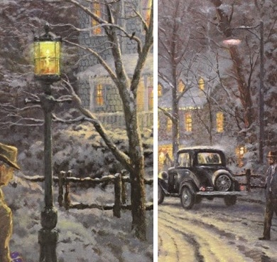 Details from “A Holiday Gathering” showing the two different styles of light poles.