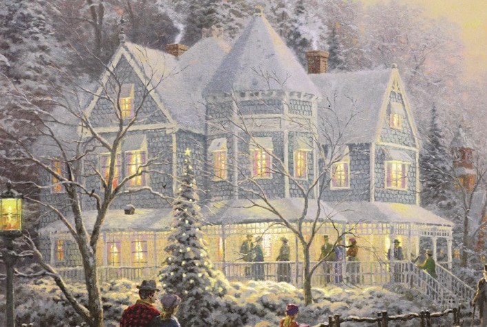 The Victorian-style home in Thomas Kinkade’s “A Holiday Gathering.”