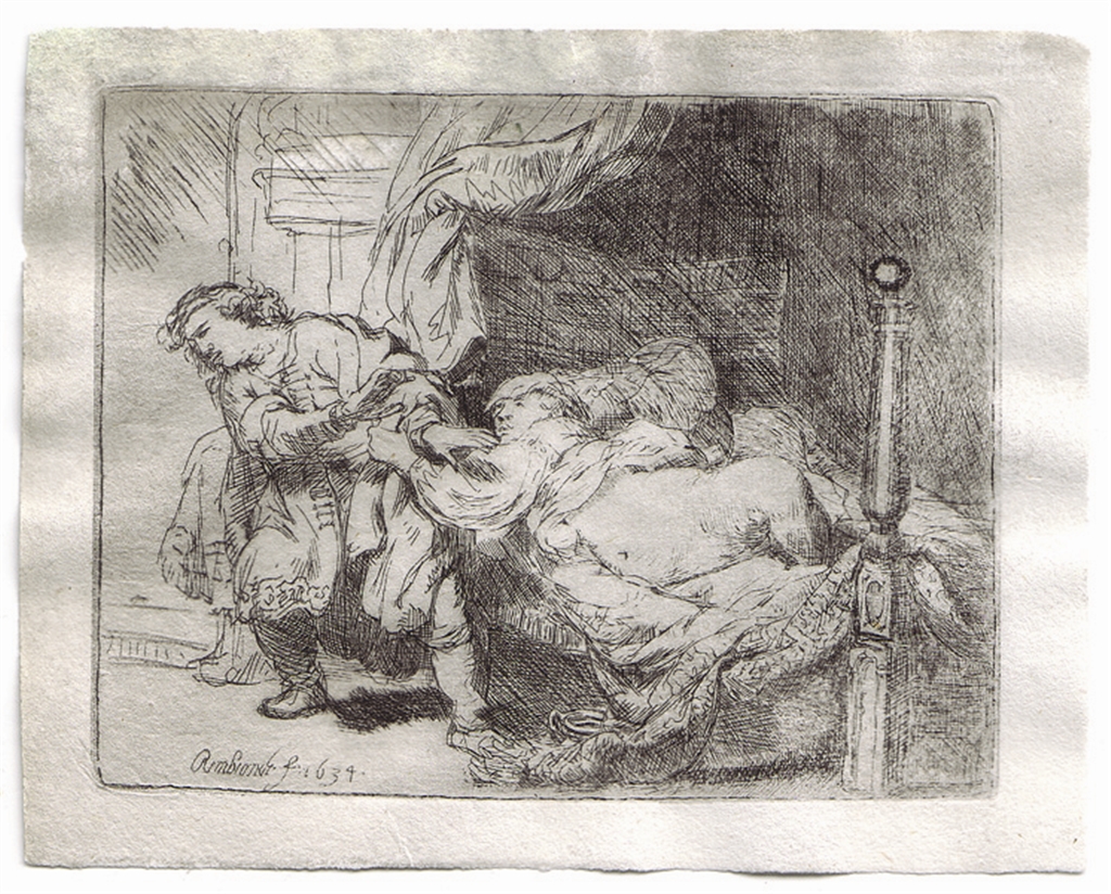 Etching, "Joseph and Potiphar's Wife" (1634), Rembrandt Van Rijn