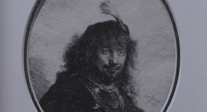 Etching, "Self-Portrait with Plumed Cap and Lowered Sabre" (1634), Rembrandt Van Rijn