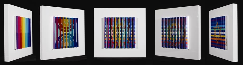 A series of photographs showing how Yaacov Agam's art changes as the viewer moves past it. The work featured here is a polymorph relief titled "Visual Prayer for Peace, Hope and Tolerance - The Star of David, Gold."