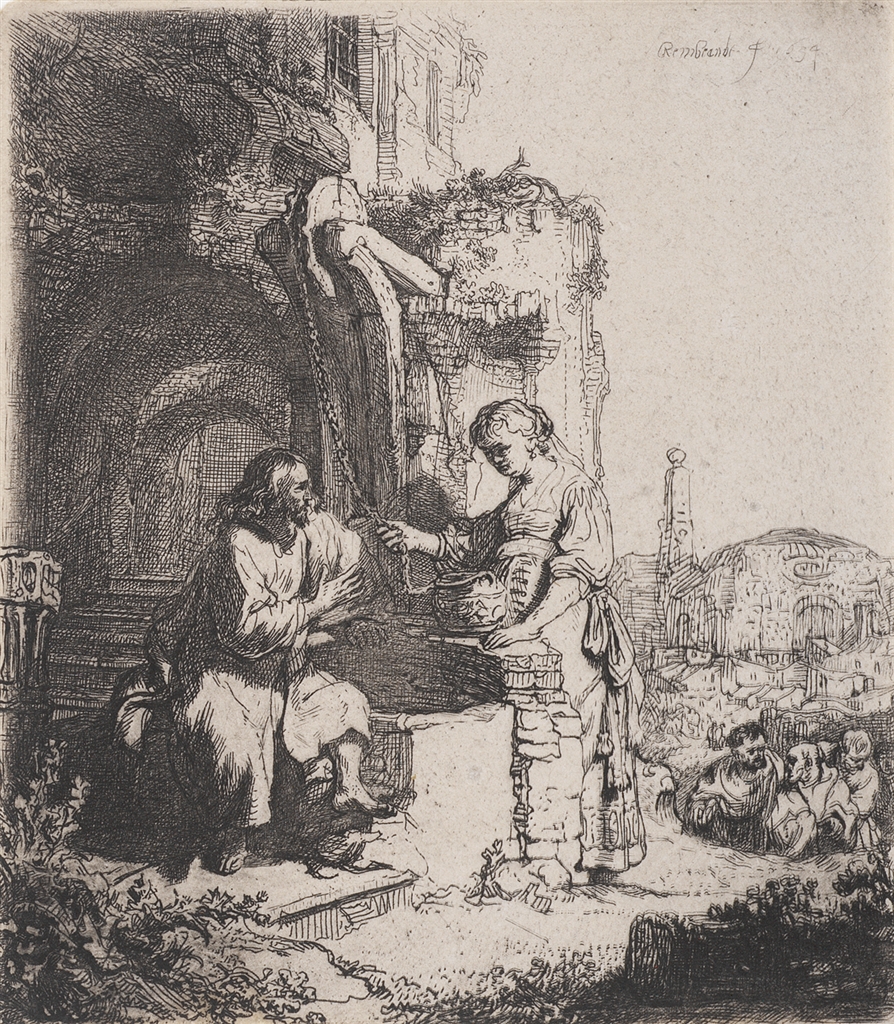 “Christ and the Woman of Samaria: Among Ruins” (1634), Rembrandt Van Rijn. A 20th/21st Century impression from the "Millennium Collection," printed by master printer, Marjorie Van Dyke.