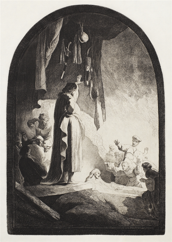 "The Raising of Lazarus: The Larger Plate" (c. 1630), Rembrandt Van Rijn. A 20th/21st Century impression from the "Millennium Collection," printed by master printer, Marjorie Van Dyke.