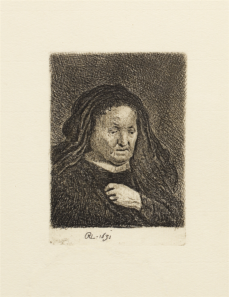 "The Artist's Mother with her Hand on her Chest" (1631), Rembrandt Van Rijn. A 20th/21st Century impression from the "Millennium Collection," printed by master printer, Marjorie Van Dyke.