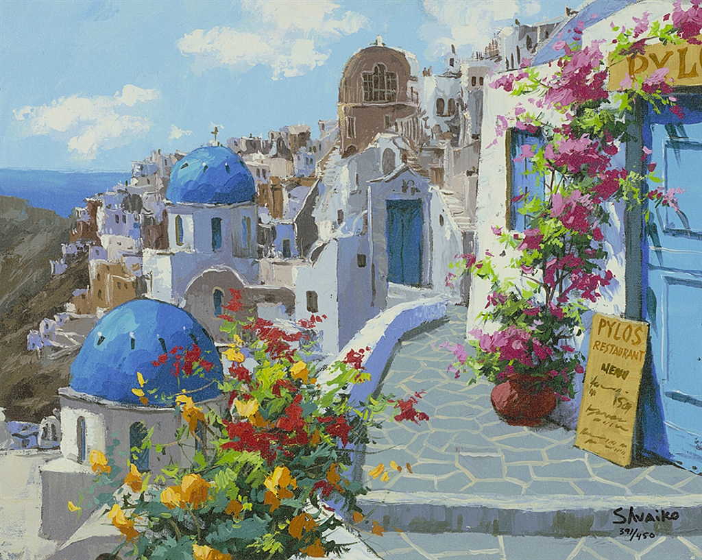 "Spring in Santorini" (2015), Viktor Shvaiko, Park West Gallery, summer art