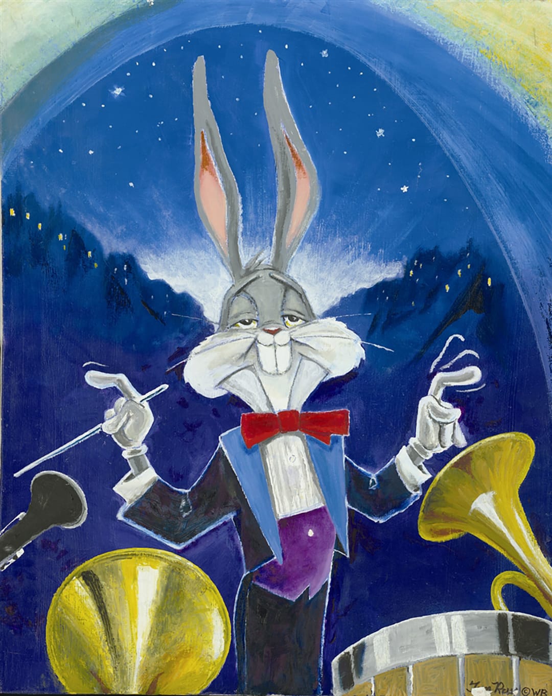 Bugs Bunny in a tuxedo conducting an orchestra