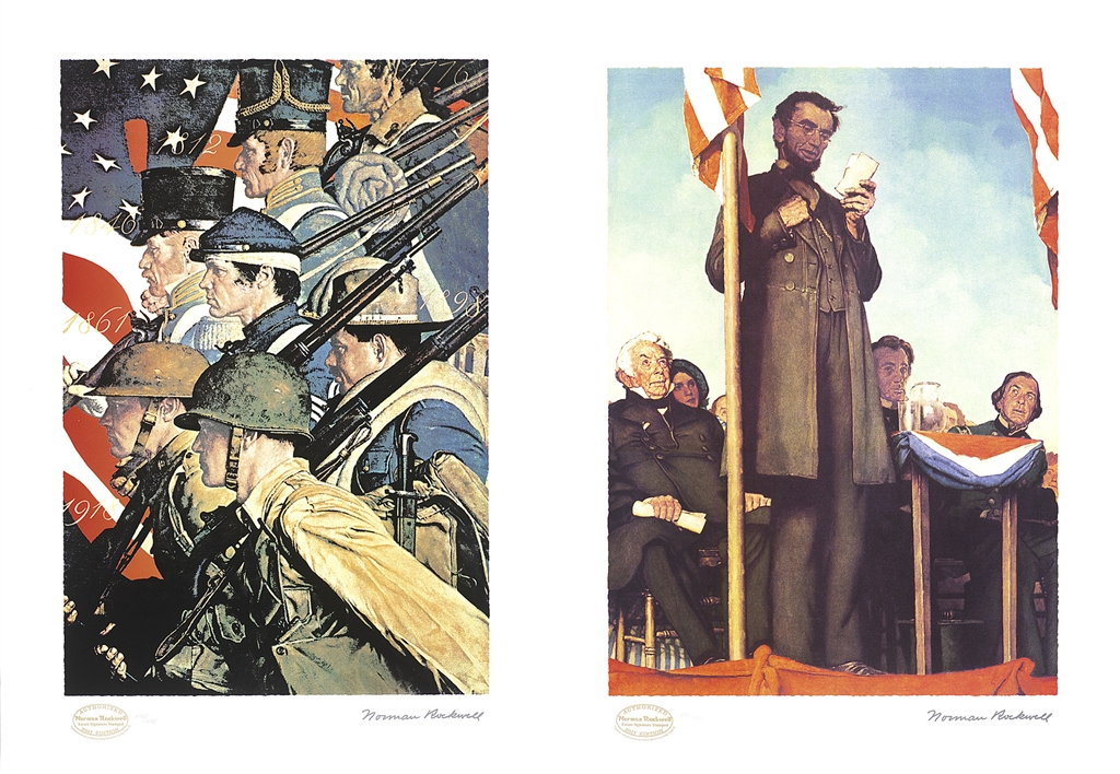 "A Pictorial History of the United States Army," original painting, c. 1940; seriolithograph, 2012. "Abraham Lincoln Delivering the Gettysberg Address" original painting, 1942; seriolithograph, 2012, Norman Rockwell.