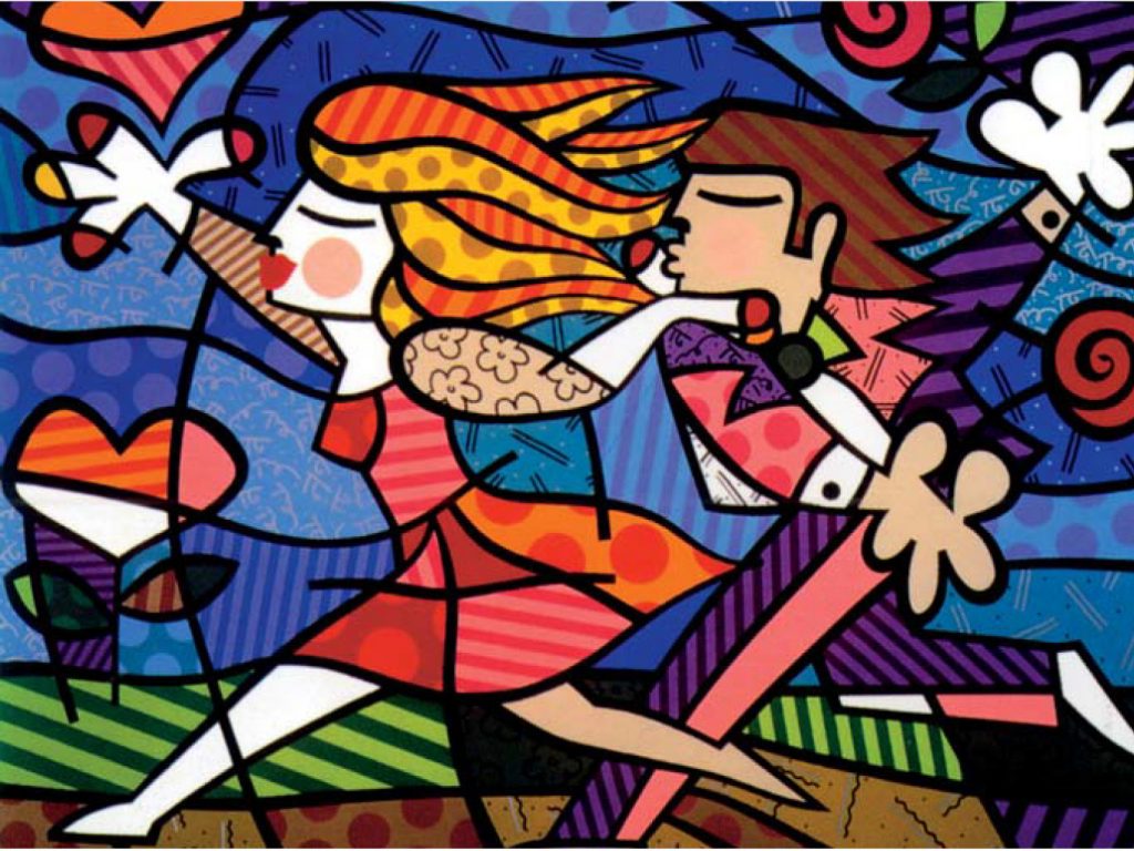 Britto's "Love Blossoms" illustrates the exuberance of young lovers within nature.