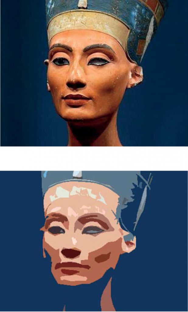 Top: Bust of Nefertiti in the original. Bottom: Digital abstraction of the bust of Nefertiti. 