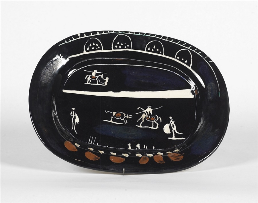 "Corrida Vert" (Green Corrida; 1949), Pablo Picasso. White earthenware clay rectangular dish with engobe painting and inscribed design. From the Picasso Ceramics collection at Park West Gallery.