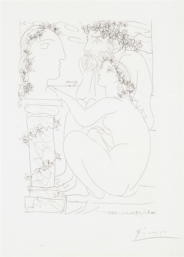 "Sculpteur et Modele Admirant une Tete Sculptee" (1933). Etching from Picasso's Vollard Suite.