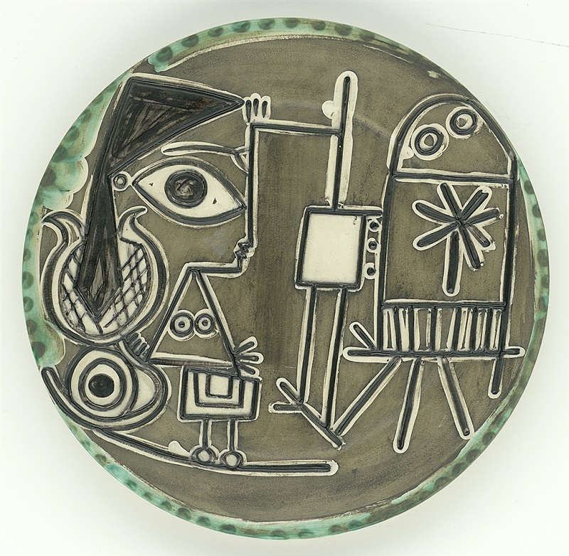 "Jacqueline au Chevalet" (Jacqueline at the Easel; 1956), Pablo Picasso. White earthenware ceramic plate, painted and glazed. From the Picasso Ceramics collection at Park West Gallery.