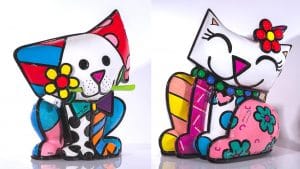 From left to right: "Yellow Flower" and "Red Flower" by Romero Britto. From the Britto sculpture collection.