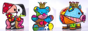 From left to right: "Puppy Flower," "Royal Bear," and "Royalty" by Romero Britto. From the Britto sculpture collection.