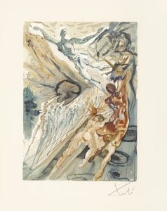 "Meeting of the Two Groups of Lechers (Recontre de deux troupes de luxurieux)." From "Divine Comedy - Purgatory 26" by Salvador Dalí