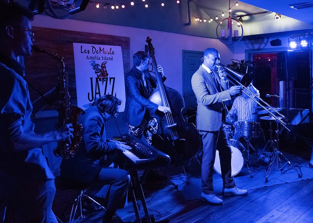 Delfeayo Marsalis at the Late Nite Jam at “Dizzy’s Den.” Also featured are John Brown on sax, Daniel Tenbusch on piano, Sam Lobey on bass, and Les DeMerle on drums.