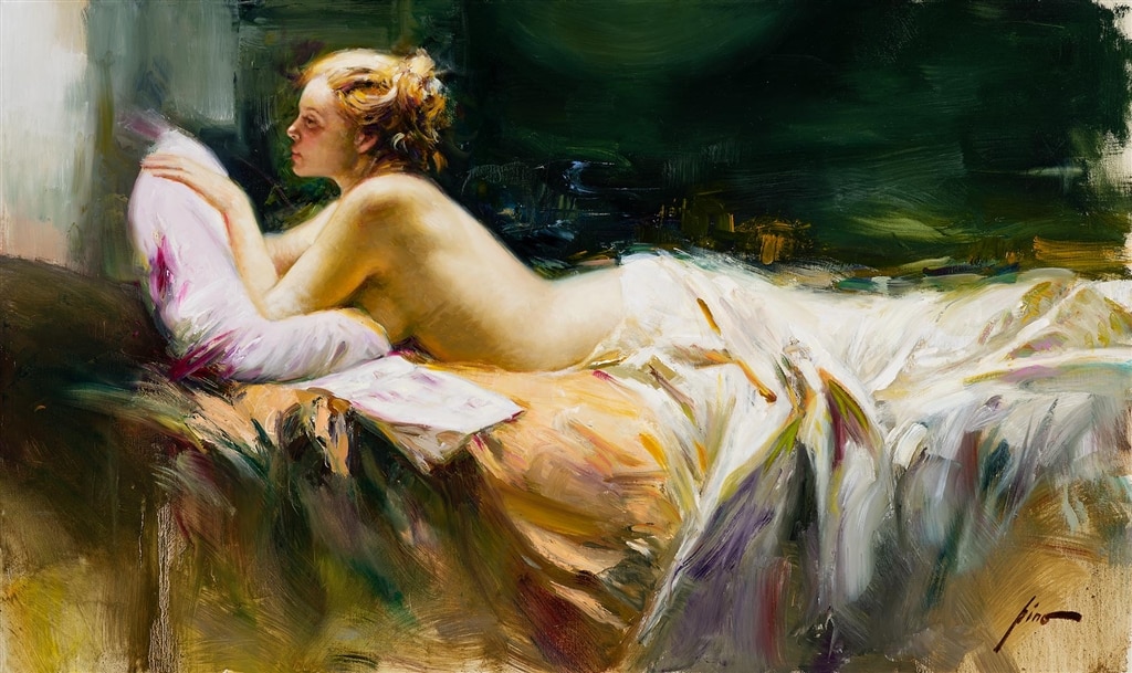 "Colorful Repose," Pino, female form, figurative art