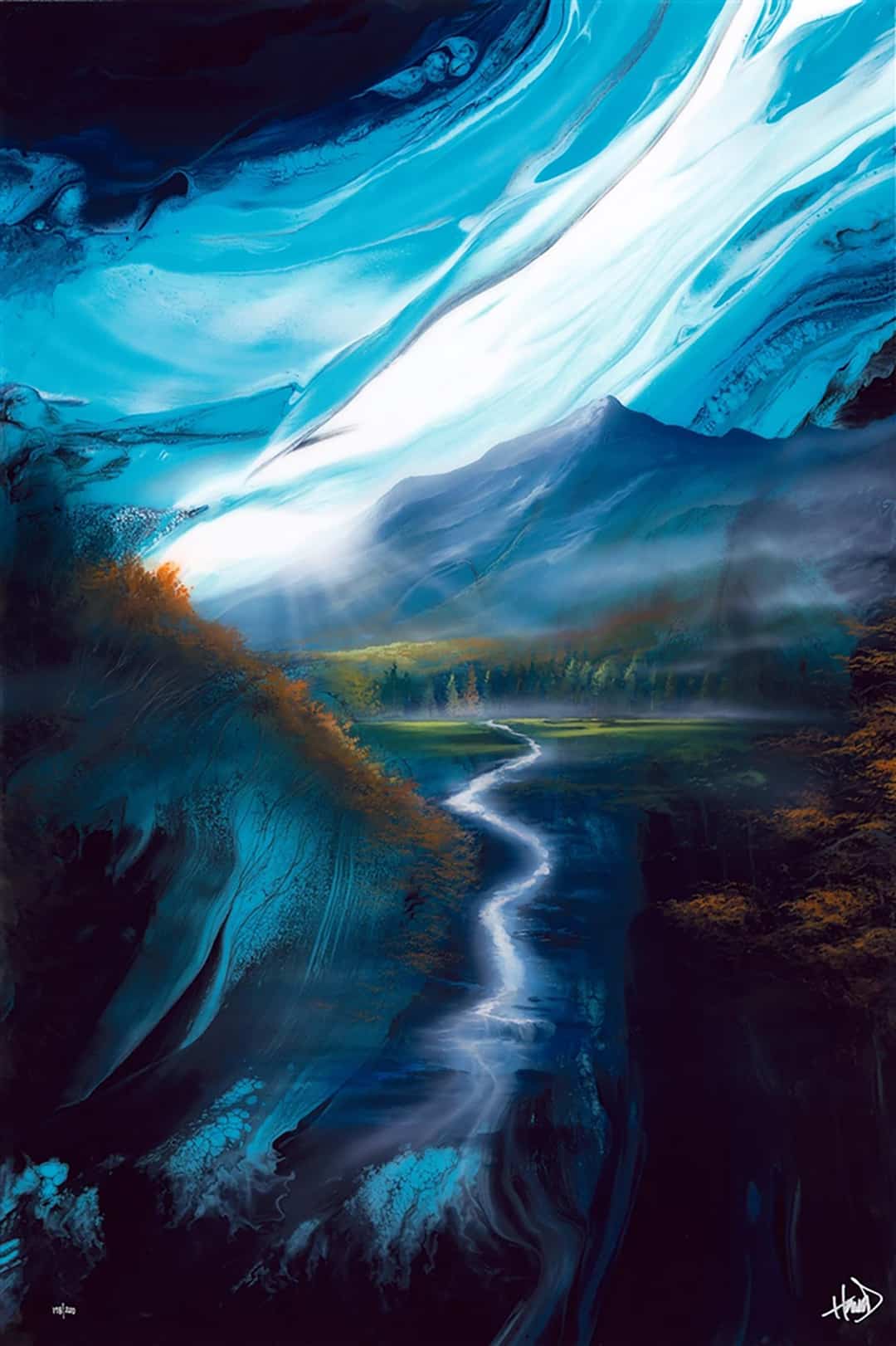Ashton howard painting of a mountain valley with a river running through it