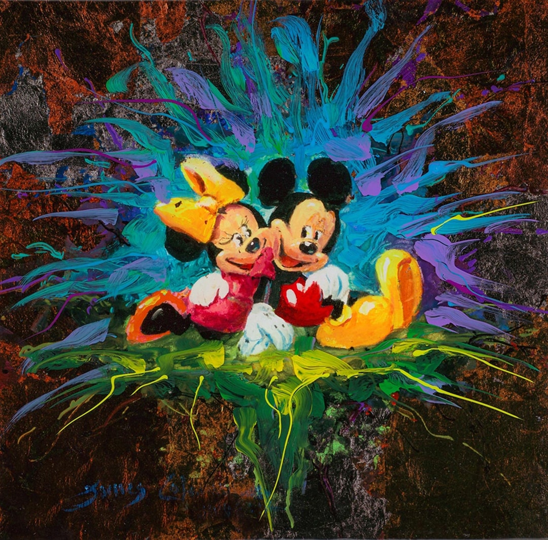 A painting of Mickey Mouse and Minnie Mouse hugging eachother