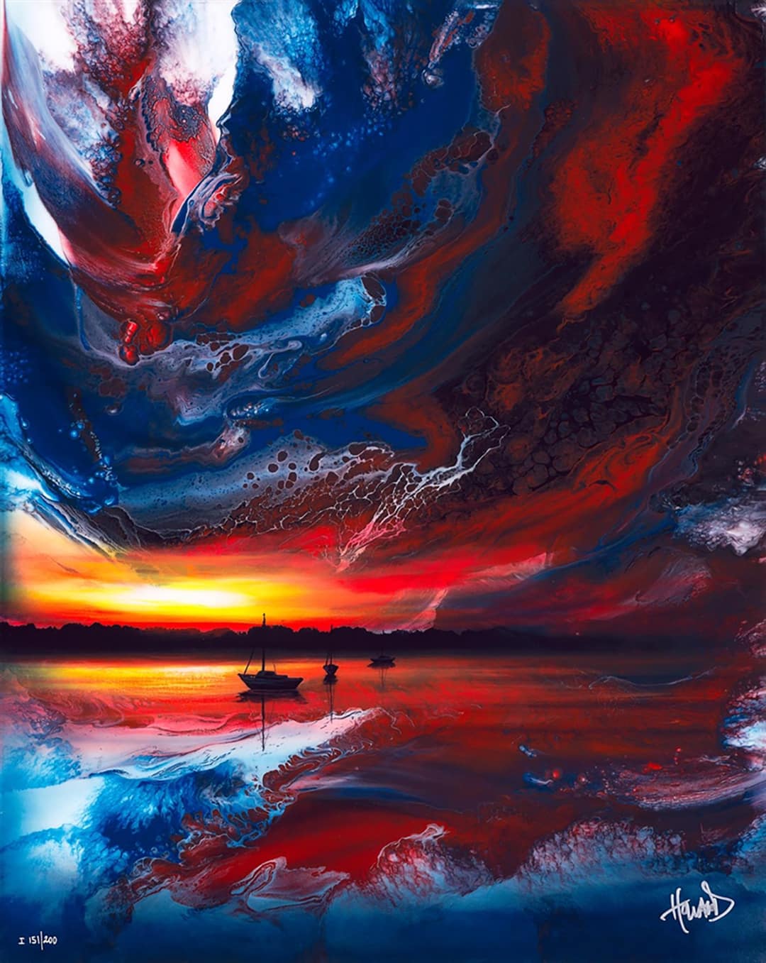 Ashton Howard painting of a sailboat on a calm lake in front of a vibrantsunset