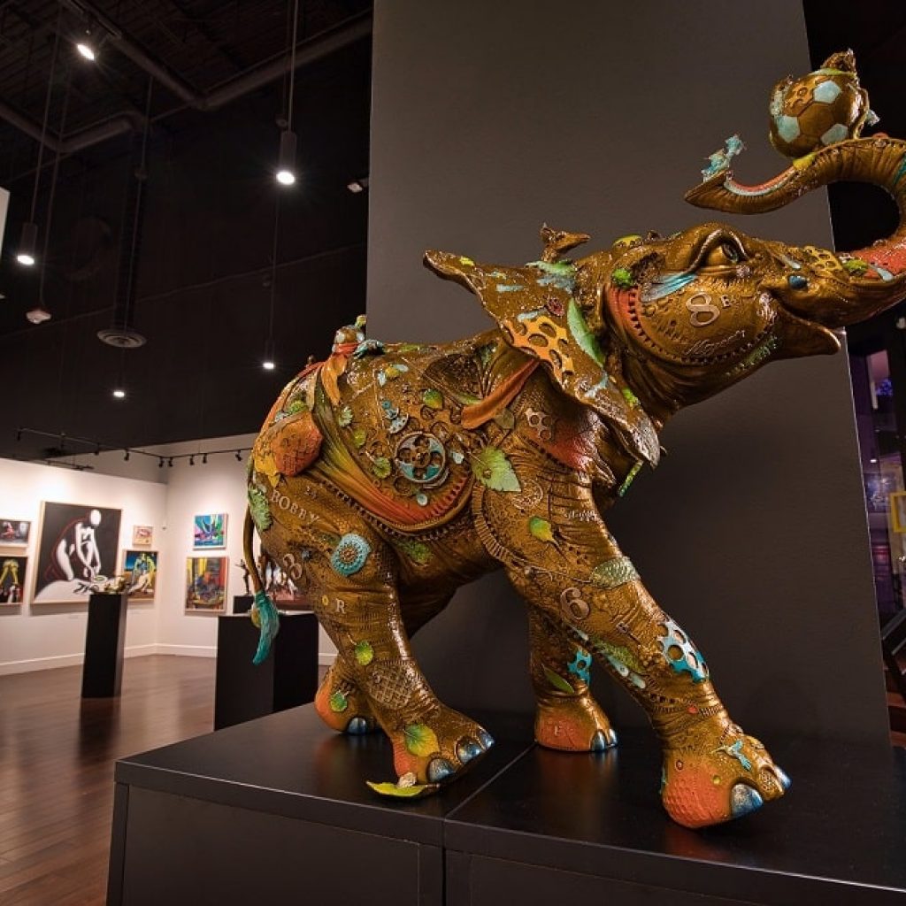 A bronze elephant named “Bobby” by acclaimed sculptor Nano Lopez welcomes guests to the new Park West Fine Art Museum & Gallery in Las Vegas.