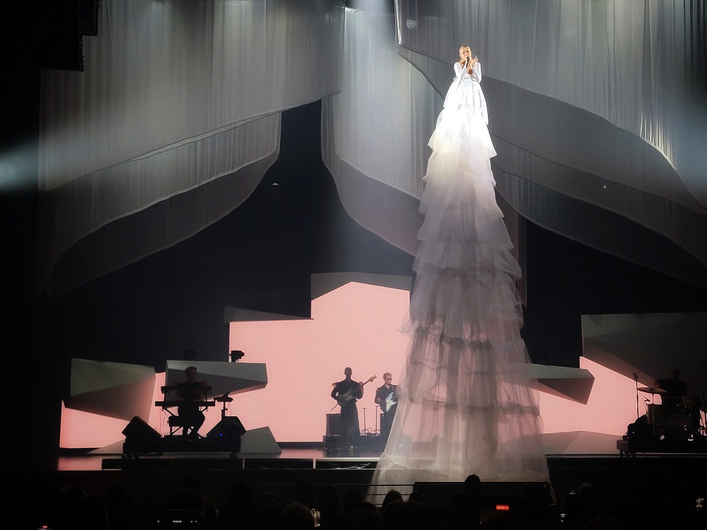 Bríet sails into the sky during her performance for Prima's christening at Reykjavik's Harpan concert hall.